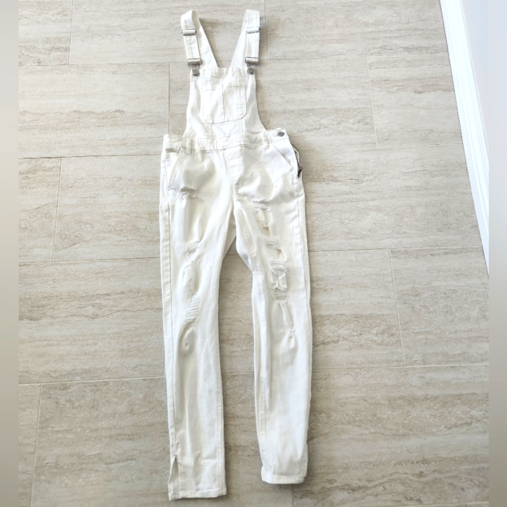 Dollhouse Distressed White Denim Overalls